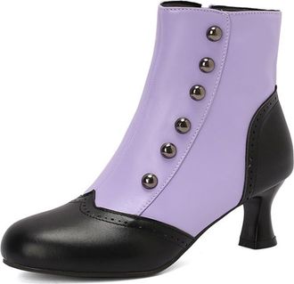 Generic Womens PU Leather Short Boots with Side Zipper Round Toe Vintage Victorian Boots with Rivet Kitten Heel Brogue Shoes,Purple,10.5 UK