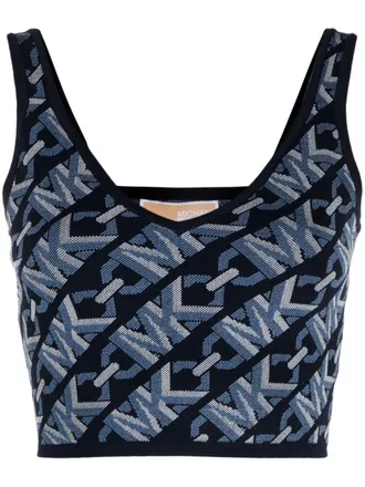 Michael Michael Kors monogram-jacquard cropped tank top - women - Recycled Viscose/Polyester/Spandex/Elastane/Nylon - L - Blue
