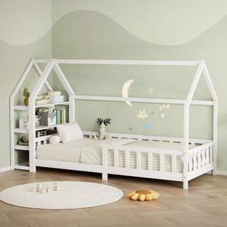 ML Design Ml-design Cama Infantil 90x200 Cm Blanco, Con Protecci&oacute;n Antica&iacute;da, Estante, Techo Y Somier, Estructura De Madera Maciza De Pino, Lecho De Suelo Monte