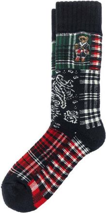 Polo Ralph Lauren Patchwork Polo Bear Crew Socks in Black at Nordstrom, Size 10-13