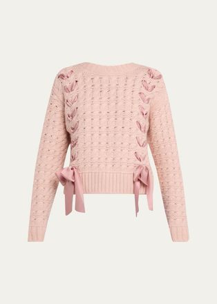 LoveShackFancy Quimby Ribbon Lace-Up Pullover Sweater