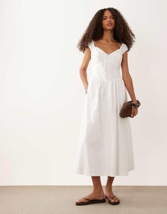 Abercrombie & Fitch Vestito midi bianco con scollo a cuore e dettaglio in vita