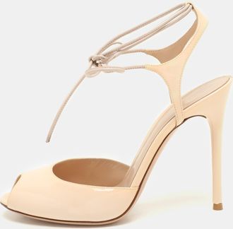 Gianvito Rossi Beige Patent Leather Peep Toe Ankle Strap Sandals