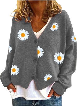 Generic Cardigans for Women UK Womens V Neck Long Sleeve Sweater Cardigans Ladies Floral Printed Buttons Cardigan Womens Daisy Print Loose Jersey Cardigan Sof