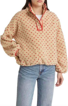 Wishlist Haley Heart Sherpa Fleece Pullover Sweater In Oat/red