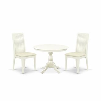 East West Furniture HBIP3-LWH-C 3 Piece Kitchen Dining Table Set - Linen White Round Dining Table with 2 Linen White Dining Room Chairs with Slatted Back - Linen White Fi