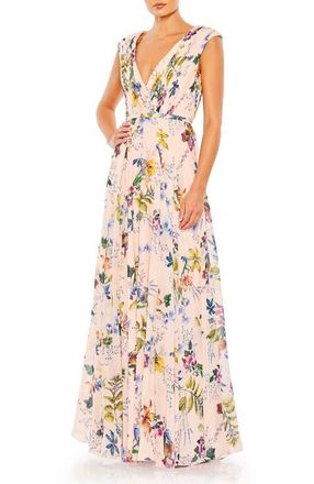 Mac Duggal Pleated Floral Cap Sleeve A Line Gown in Pink Multi at Nordstrom, Size 12