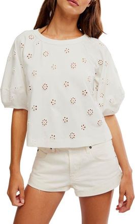 Free People Jessie Eyelet Puff Sleeve Top in Whisper White at Nordstrom, Size X-Small