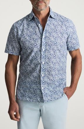 34 Heritage Palm Print Short Sleeve Cotton & Linen Button-Up Shirt in Indigo at Nordstrom, Size Xx-Large