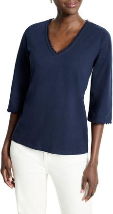 Nic+Zoe Fringe Trim Cotton T-Shirt in Dark Indigo at Nordstrom, Size Xx-Large