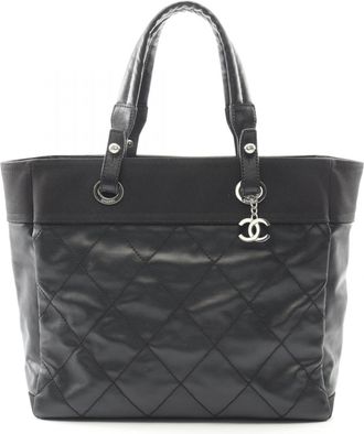 Chanel Black Coated Canvas Leather Tote Bag (Pre-Owned)