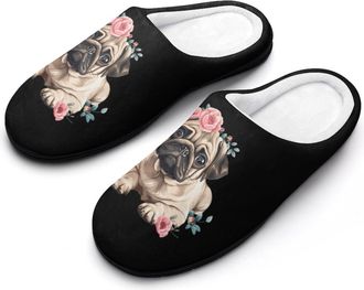 Generic Pug Dog Flowers Mens Slippers Comfortable And Non-slip Cotton Slipper Shoe for House