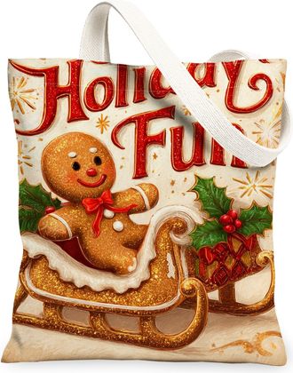 Generic Holiday Gingerbread Canvas Tote Bags, Winter Design Reusable Grocery Bags, Lightweight Washable Shoulder Strap Canvas for Travel Picnic 13x15 Inch