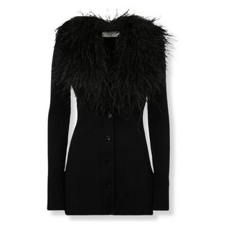 Blumarine Truien & Vesten, Dames, Zwart, L, Wol, Wollen Cardigan met Veren Kraag