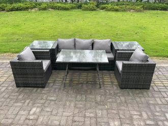 Fimous 5 Seater Rattan Outdoor Furniture Garden Dining Set with Oblong Dining Table 2 Armchairs 2 Side Tables in Dark Grey