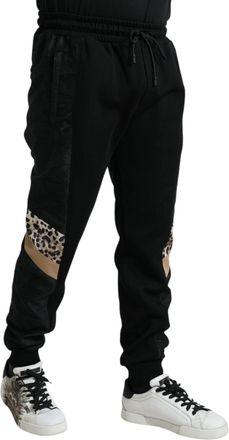 Dolce & Gabbana Mens Leopard-Panel Stretch Joggers Black Polyester Cotton Nylon