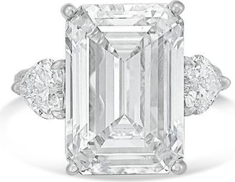 Diana M. Jewels Platinum Lab grown 15ct Emerald diamond ring with heart diamonds on the side and micropave band