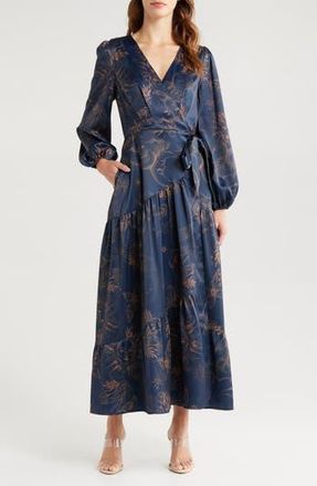 Ciebon Lilian Long Sleeve Satin Maxi Wrap Dress in Navy Multi at Nordstrom Rack, Size Medium