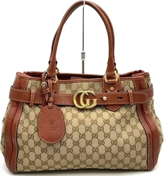 Gucci Gg Canvas Brown Gg Canvas Leather Handbag Tote Bag (Pre-Owned)