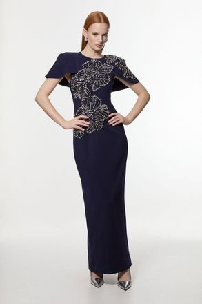 Karen Millen Womens Tall Placed Floral Crystal Embellished Tailored Cape Maxi Dress - Navy - Size 6 UK
