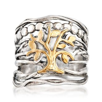 Ross-Simons Sterling Silver and 14kt Yellow Gold Multi-Row Tree Of Life Ring