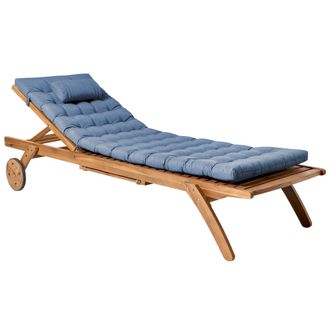 Beliani Tumbona De Jard&iacute;n Exterior Patio O Piscina De Madera De Acacia Marr&oacute;n Con Coj&iacute;n Azul Resistente A Los Rayos Uv E Impermeable Cesana Premium