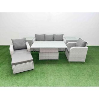 Fimous Pe Rattan Garden Furniture Set Reclining Chair Sofa Lounge Sofa Set Adjustable Lifting Dining or Coffee Table 2 Side Table 2 Big Footstool Light Grey
