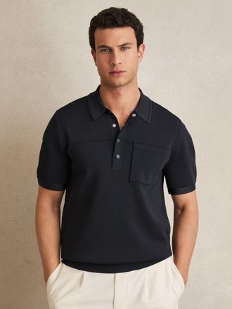 Reiss Navy Press-stud Seam-detail Polo Shirt, XS