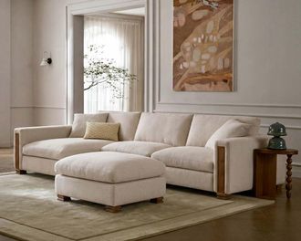 Castlery Tan France Kagan 3-Piece Chaise Sectional Couch with Ottoman, Basketweave Cream - Castlery