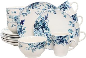 Elama Traditional Red Rose 16 Piece Stoneware Dinnerware Set