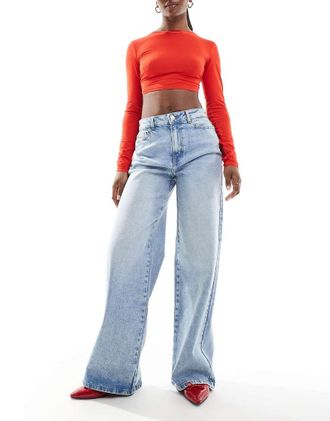 Pieces Selma high waisted wide leg jean in light blue denim