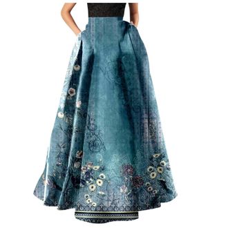 Generic Womens Bohemian Floral Print Maxi Skirt High Waist Pocket Party Beach Long Skirt Velvet Dress Ladies Black, blue, M