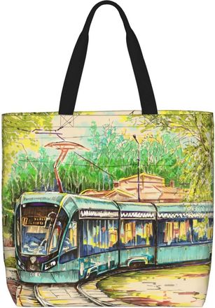 Generic Women Handbag Wood Grain Series Rural Area Tram Ladies Shopping Shoulder Bag Reusable Folding Shopping Bags, For Birthday, Holiday, Graduation, Work, 