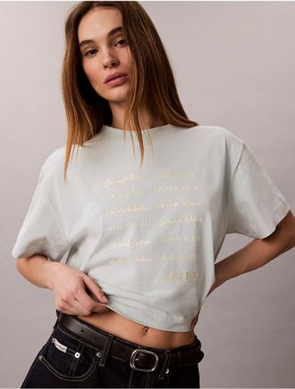 Calvin Klein Jeans Calvin Klein Womens Logo Font Graphic Boxy T-Shirt - Green - XS