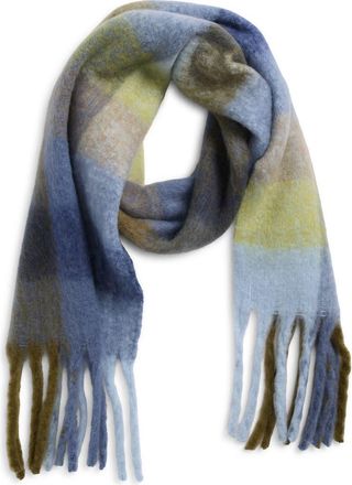 BP. Fringe Blanket Scarf in Green- Blue Plaid at Nordstrom
