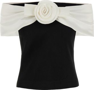 Self Portrait Black Cr&ecirc;Pe Flower Top Bianco/Nero-Donna