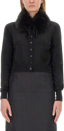 Sportmax Cropped Black Cardigan With Plush Fur Collar