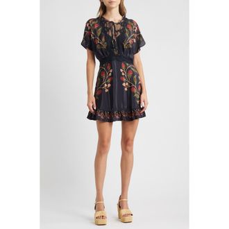Farm Rio Berry Garden Embroidered Satin Minidress in Black at Nordstrom Rack, Size Xx-Small