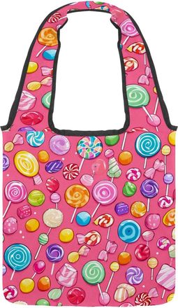 Generic Pink Candy Pattern Reversible Canvas Shoulder Tote - Double-Sided Print, 12oz Cotton, 27cm Drop, Fold-Flat Bag for Travel, Shopping, Street Outings