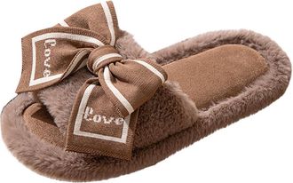 Generic Coffee Slip-On Slippers with Plus Velvet Warm Bow Style for Women Indoor and Outdoor Wear Flock Material Comfort Fit