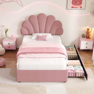 Merax Velvet Petal Shape 3ft Single Bed with Adjustable Headboard & Drawers in Pink