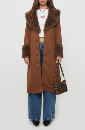 Princess Polly After Party Faux Suede Long Coat with Faux Shearling Trim in Brown at Nordstrom, Size 6