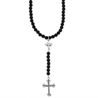 King Baby Studio Womens Beaded Rosary With Mb And Traditional Cross Necklace In Black