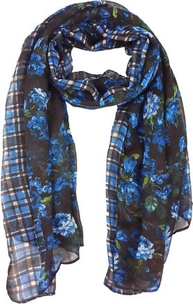 Lina & Lily Floral Design Print Womens Scarf Shawl Lightweight (Plaid Floral - Blue, Brown)