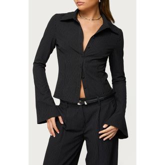 Edikted Pinstripe Tailored Button-Up Shirt in Black at Nordstrom, Size X-Small