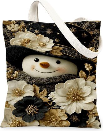 Generic Winter Floral Canvas Tote Bags, Snow Man Design Reusable Grocery Bags, Vintage Elegant Lightweight Washable Shoulder Strap, Black, 13x15 Inch