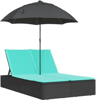 vidaXL Tumbona Doble Con Cojines Y Sombrilla Rat&aacute;n Sint&eacute;tico Negro Vidaxl