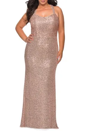 La Femme Stretch Lace Plus Size Dress with Criss Cross Back in Rose Gold at Nordstrom, Size 18W