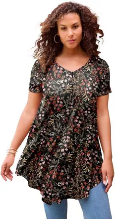 Roaman's Plus Size Ultra Drape V Neck Swing Tunic Top in Black Floral Print at Nordstrom, Size 20