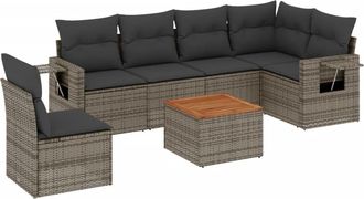 vidaXL Vidaxl - Set De Sof&aacute;s De Jard&iacute;n 7 Piezas Con Cojines Rat&aacute;n Pe Gris